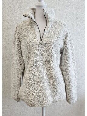 Cozy Sherpa Womens White 1/4 Zip Faux Fur Pullover Sherpa Top Jacket Size M